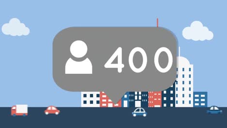 icono de perfil con números crecientes contra vehículos en la carretera contra edificios altos