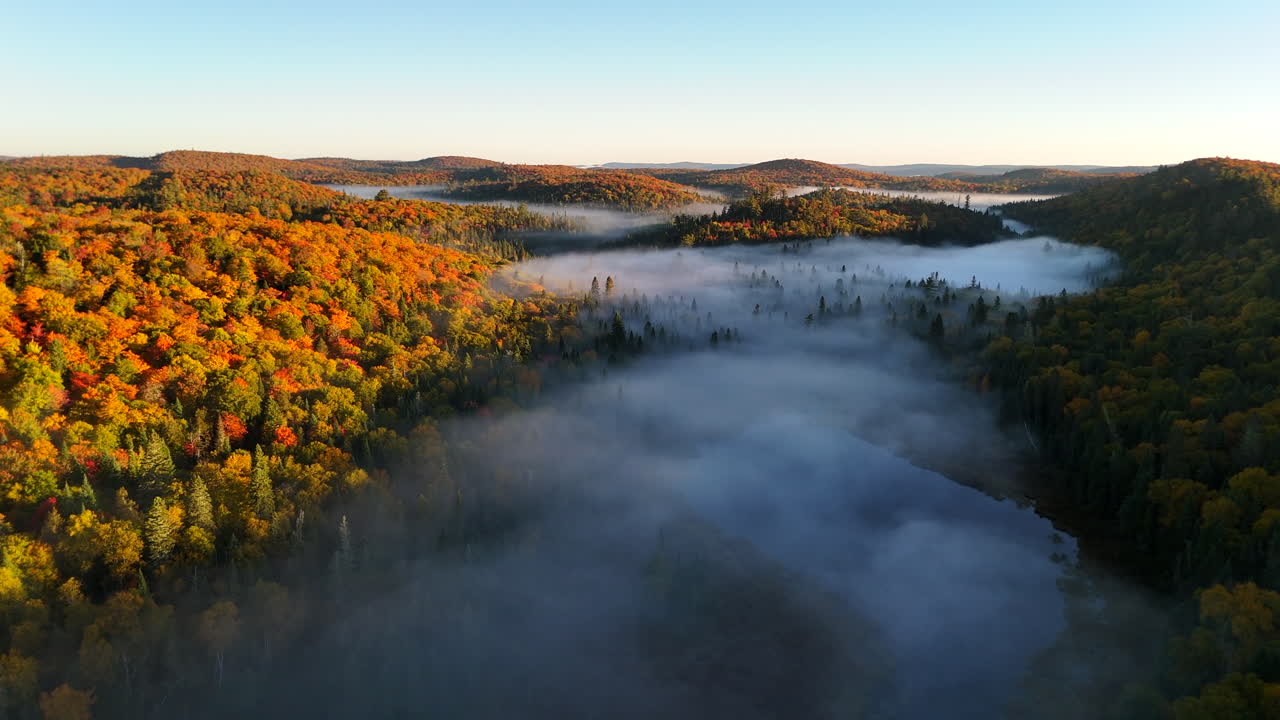 Aerial view of autumn forest and mountains in vivid colors with morning fog in Mauricie, Quebec, Canada. Soft sunlight illuminates the colorful foliage over peaceful wilderness