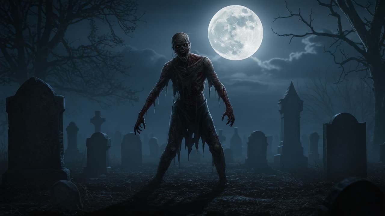 Una creatura terrificante emerge dall'oscurità in un cimitero sotto una luna piena inquietante, evocando sentimenti di paura e disagio in un'atmosfera agghiacciante
