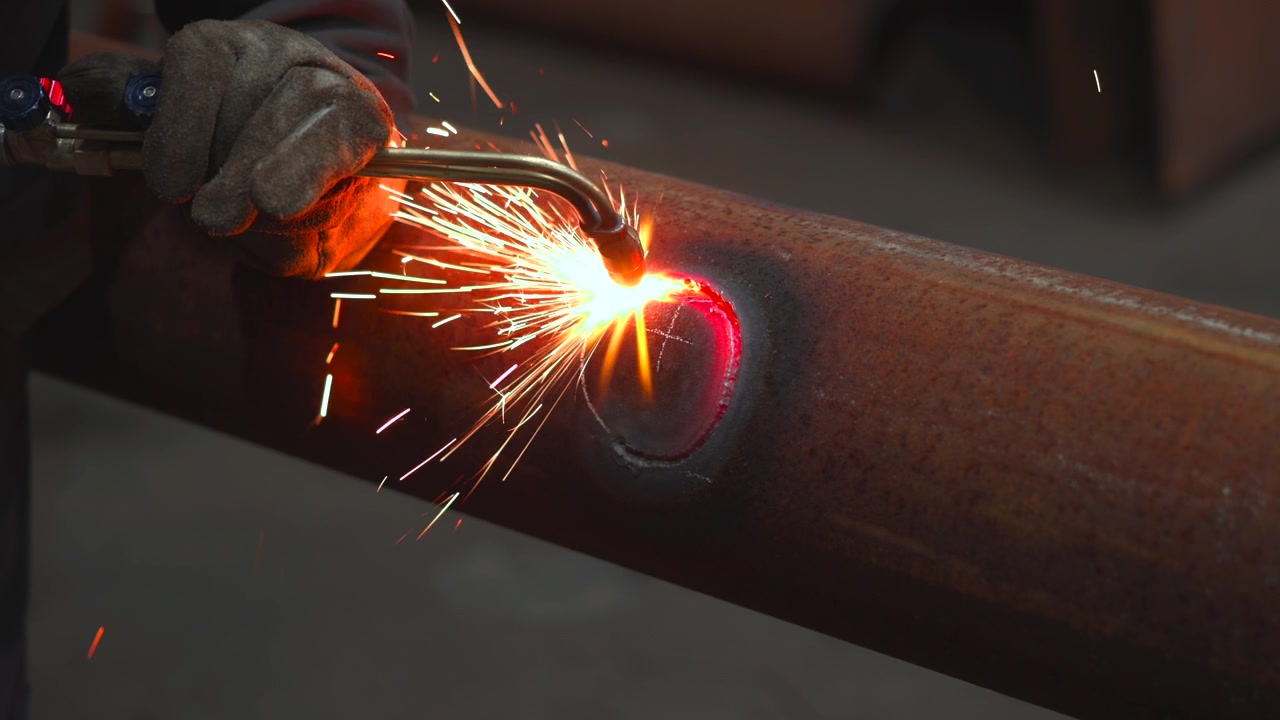 Low oblique close-up shows gloved hand guiding oxy-fuel torch into rusted steel pipe, with blazing sparks, molten edge, chalk circle, workshop setting, and focused industrial detail
