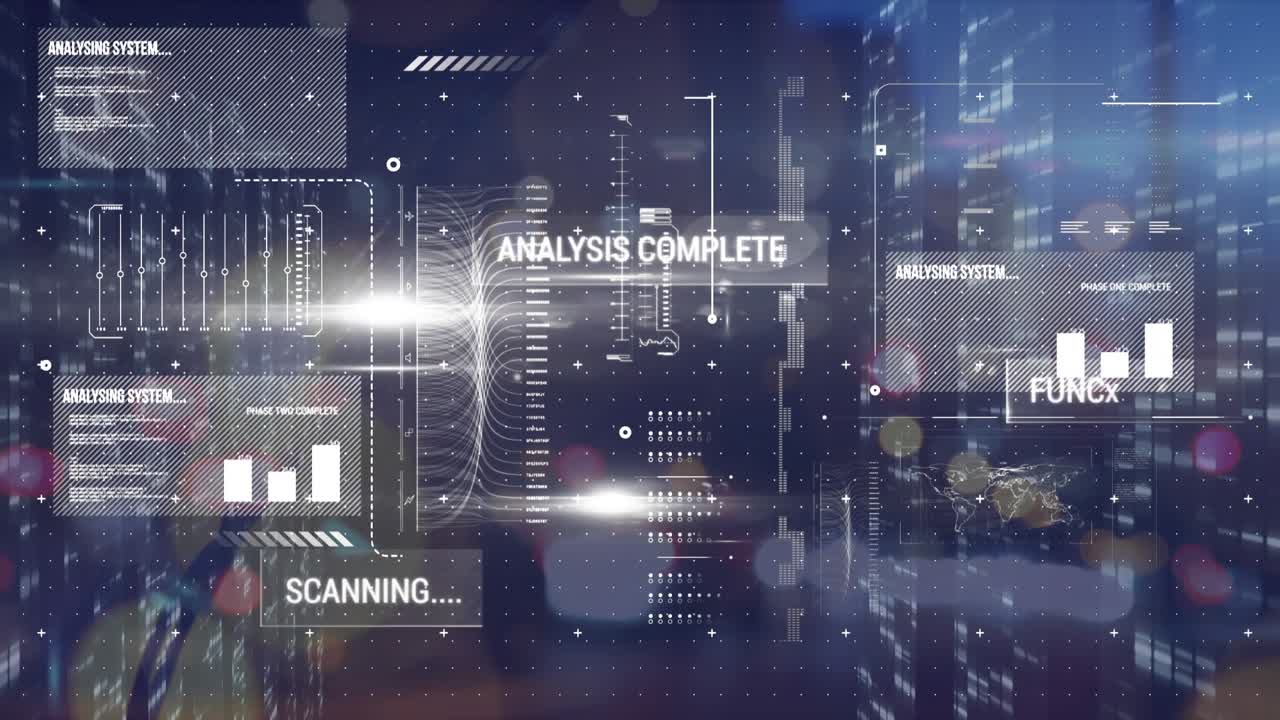 The animation depicts white digital interface graphs moving against a green screen