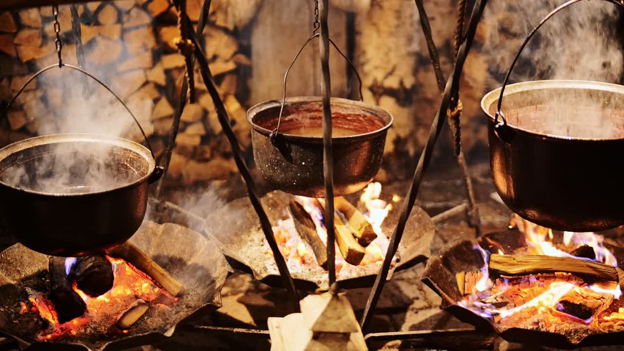 Slow motion, field kitchen pots boiling over fire symbolizing frontline survival