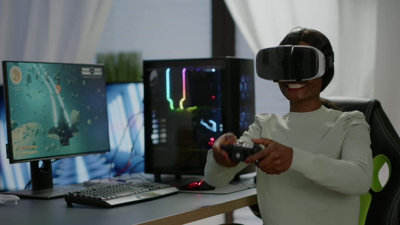Winner player holding joystick playing videogame using VR