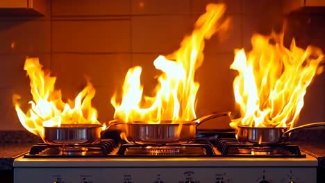 a stove top with pots and pans on fire in a kitchen