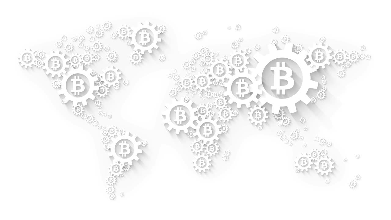 Mappa del mondo astratta con il concetto di sistema globale Bitcoin
