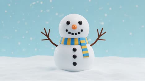 a cheerful snowman with a colorful scarf enjoys a winter wonderland, surrounded by snowflakes under a bright blue sky in this playful and festive scene