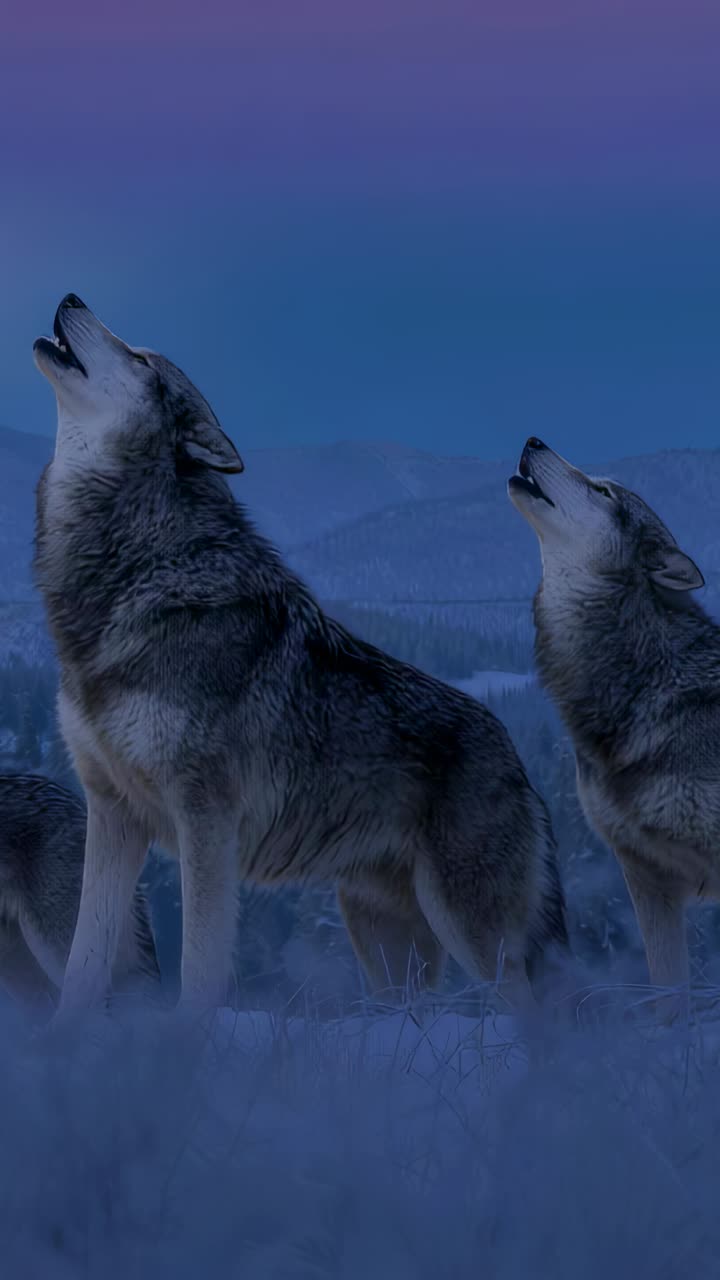 Vertical video: Howling two grey wolves holding heads up on snowy plain ...
