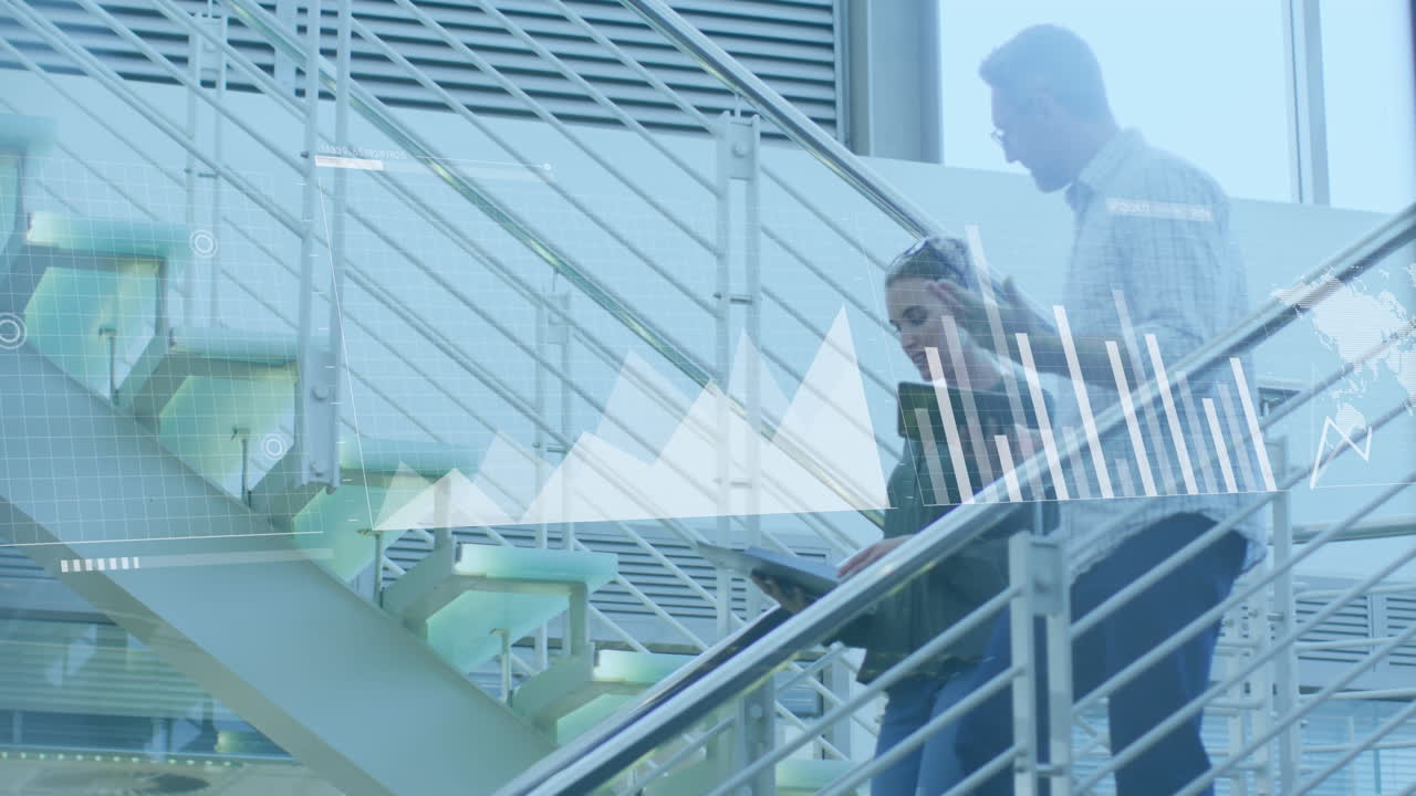 Animation of graphs, loading bars, map over caucasian coworkers discussing while walking downstairs