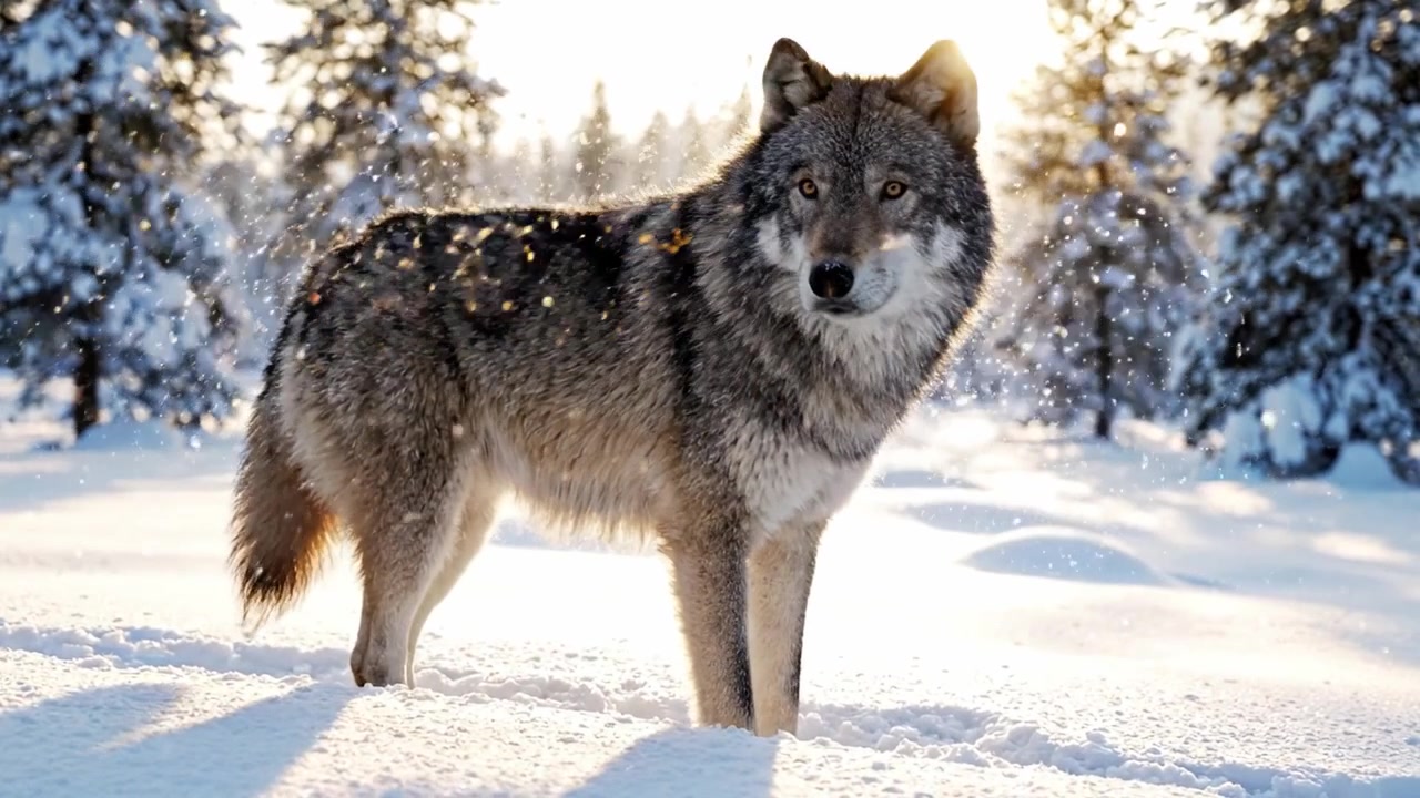 Majestic Wolf Standing in Winter Wonderland: A Stunning Transition from Grazing to Alertness Amidst the Sparkling Snow and Trees in a Serene Wilderness Setting