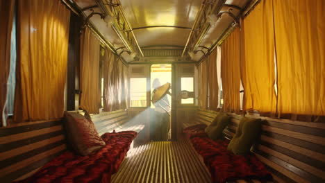 vintage train car interior with man