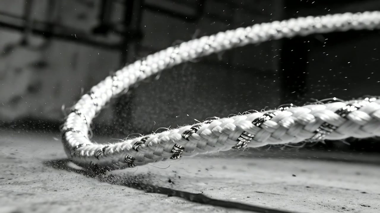 Looping braided rope with tracer scraping concrete floor, kicking dust and settling