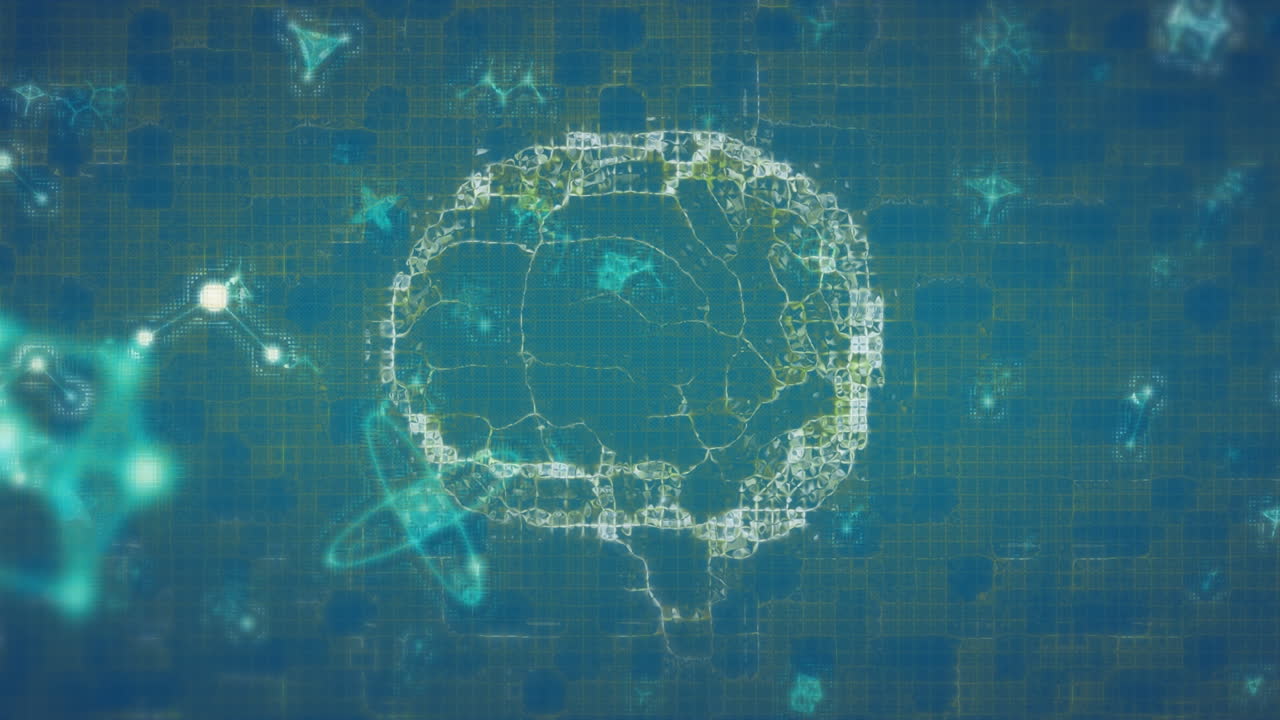 컴퓨터 그래픽 배경에 분자 구조와 함께 회전하는 인간의 뇌의 애니메이션