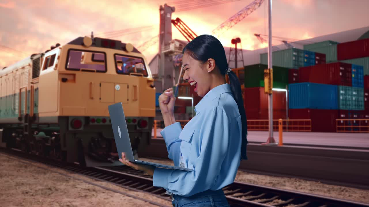 Side View Of Asian Female With Her Laptop With Freight Cargo Train At Port, She Raises Her Fist Up With Screaming Goal After Typed On The Laptop