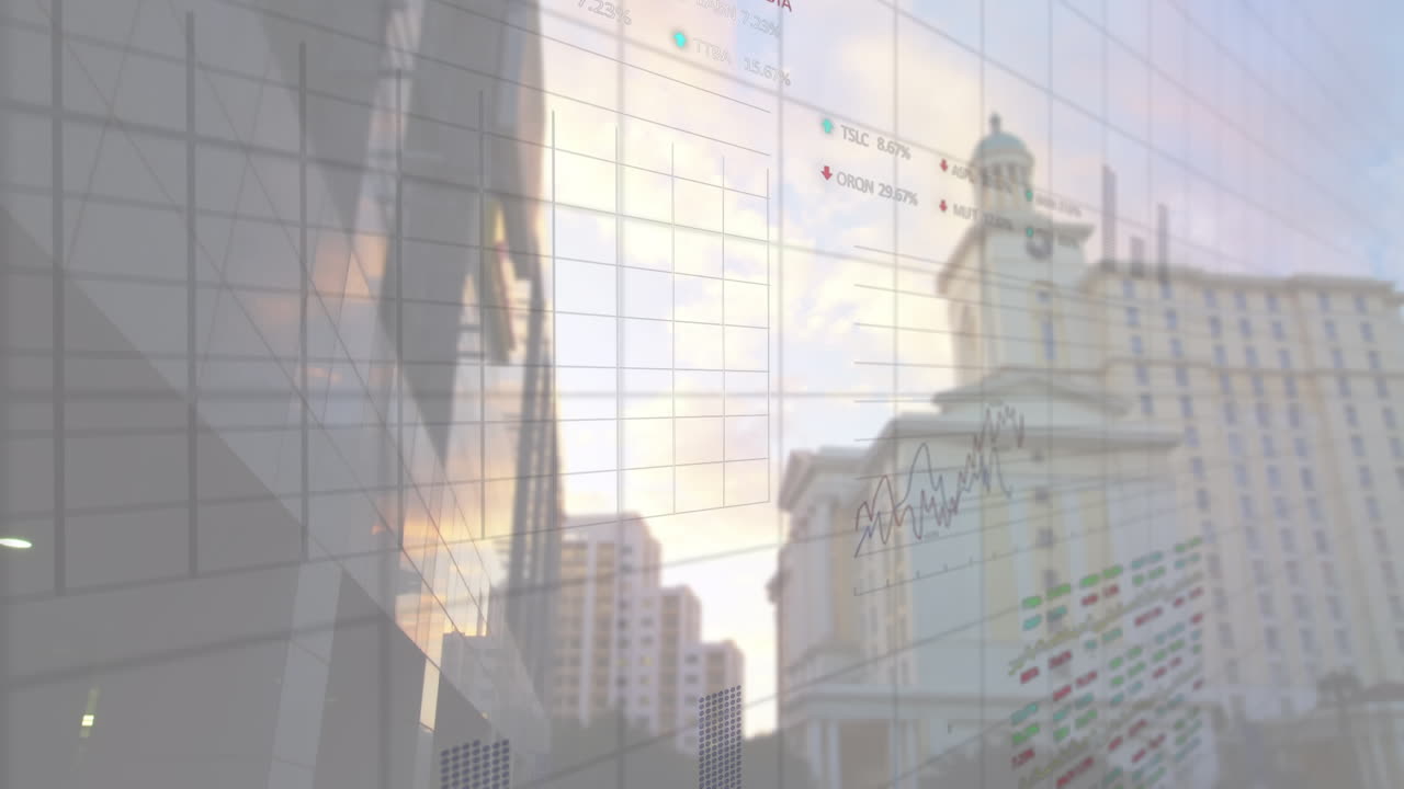 アニメーション: 統計データと株式市場のデータ処理を高層ビルの空中写真に比べて