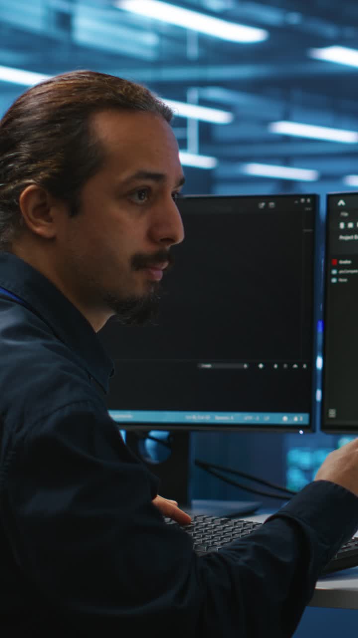 Mann som skriver kode på datamaskin i moderne IT-kontor