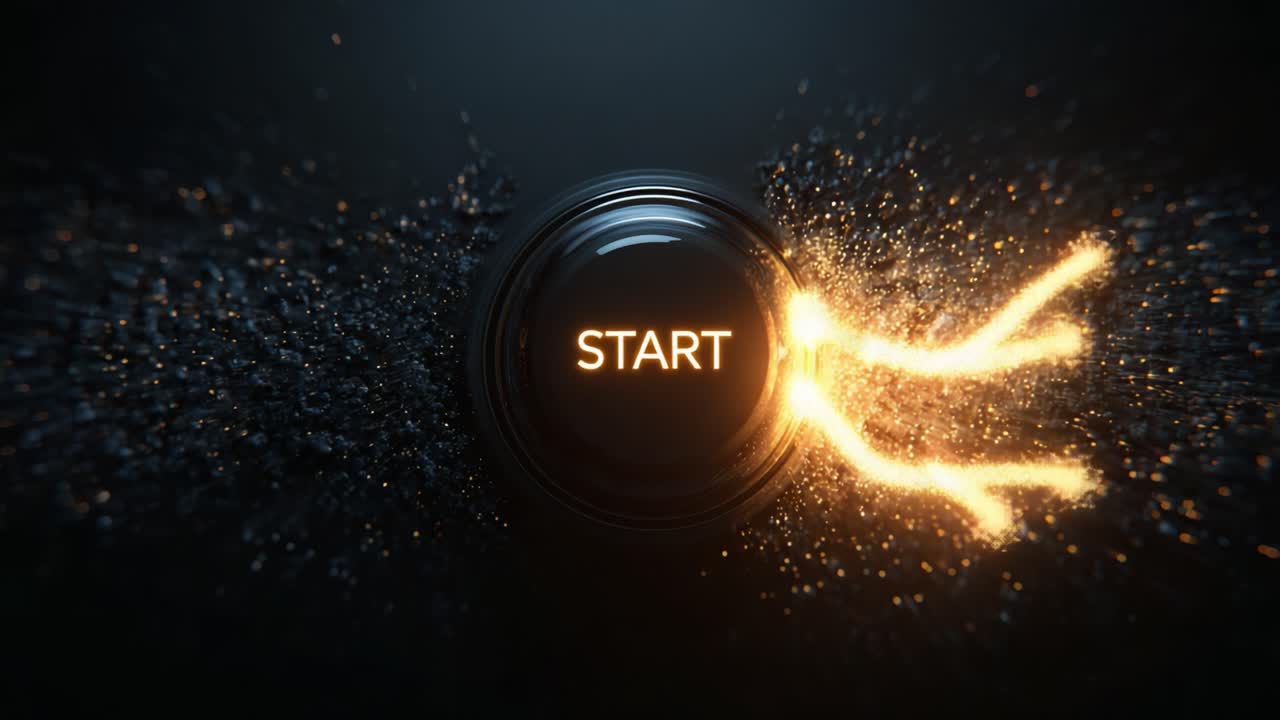 Dynamic Visual Effects Showcasing a Captivating Start Button Surrounded by Vibrant Particles and Energetic Light Trails, Symbolizing the Beginning of an Exciting Journey