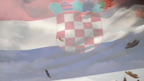 Digitale-Komposition-Von-Kroatien,-Das-Die-Flagge-über-Herbstblättern-Schwenkt,-Die-Gegen-Wolken-Am-Himmel-Fallen