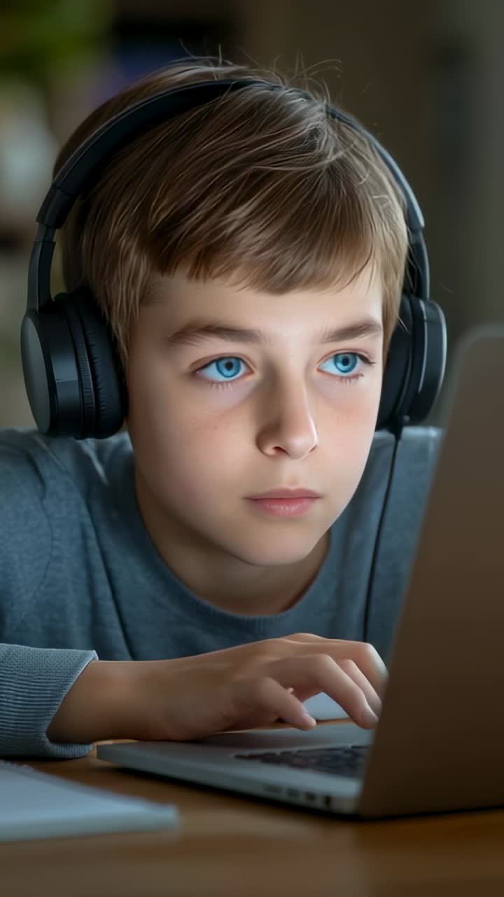 Vertical video: Leaning forward boy typing on laptop at study desk doing homework with headphones
