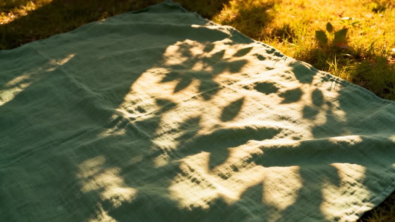 Ombre di foglie che si spostano su una coperta di lino verde chiaro distesa su un prato erboso, sole e brezza