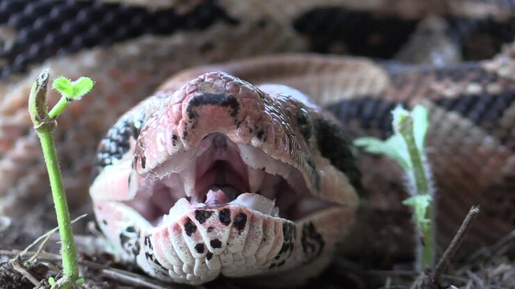 Enorme boa constrictor toont zijn kaken, tanden, thermoreceptoren en schubben.