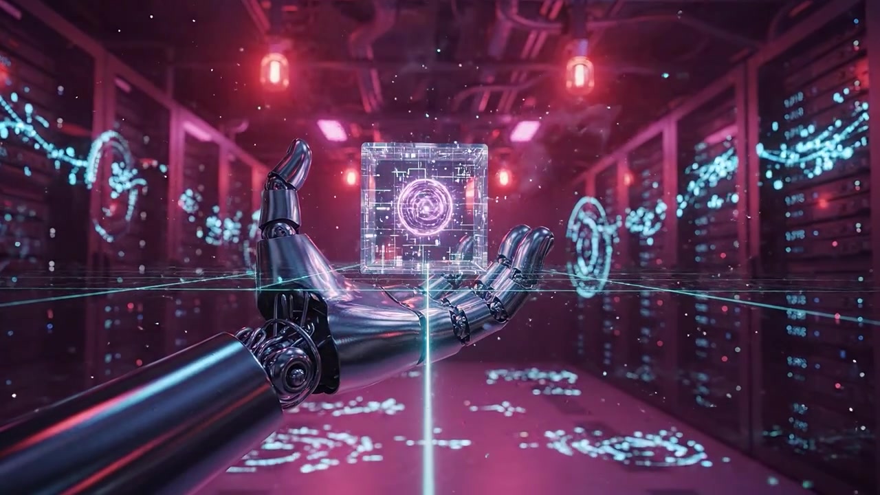 A futuristic robotic hand holds a glowing cube in a high-tech server room filled with digital data streams, showcasing the convergence of technology and artificial intelligence.