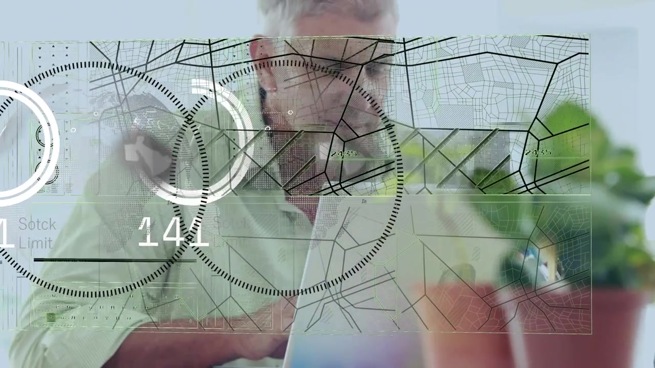 Animation of interface with data processing over caucasian senior man using digital tablet