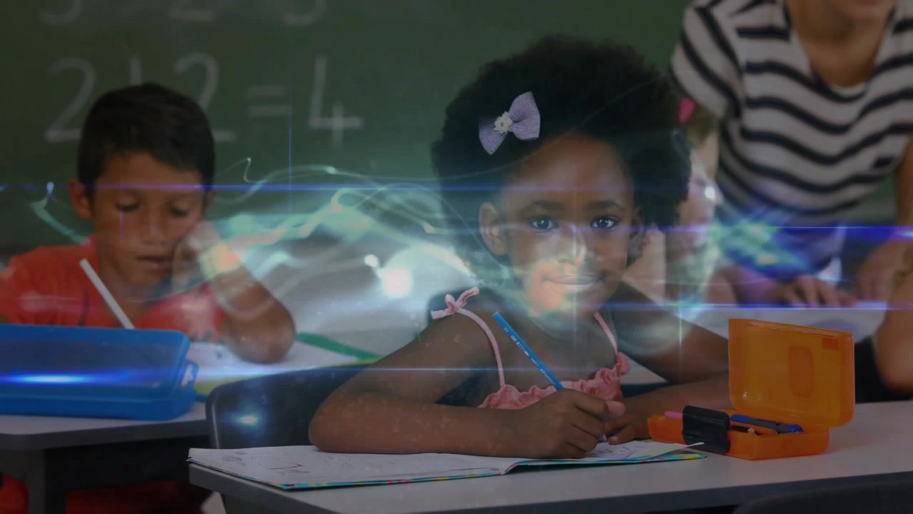 digital wave sweeping classroom initiating writing to learn while teacher guiding student smiling