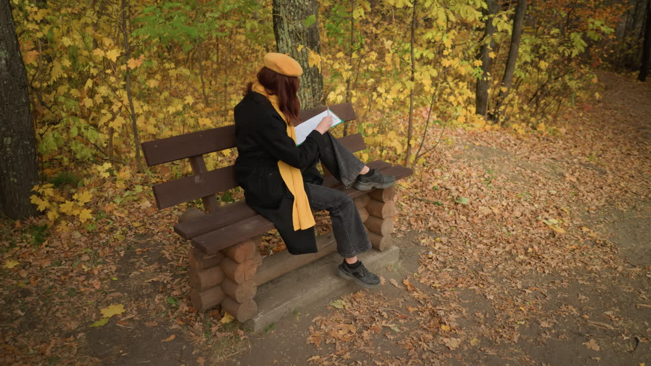 창의적인 마음의 오버헤드 뷰, 외에서 나무 벤치에 앉아, 혼자, 다채로운 가을 잎으로 둘러싸여, 조용한 숲 환경에서 예술적 표현에 초점을 맞추고.