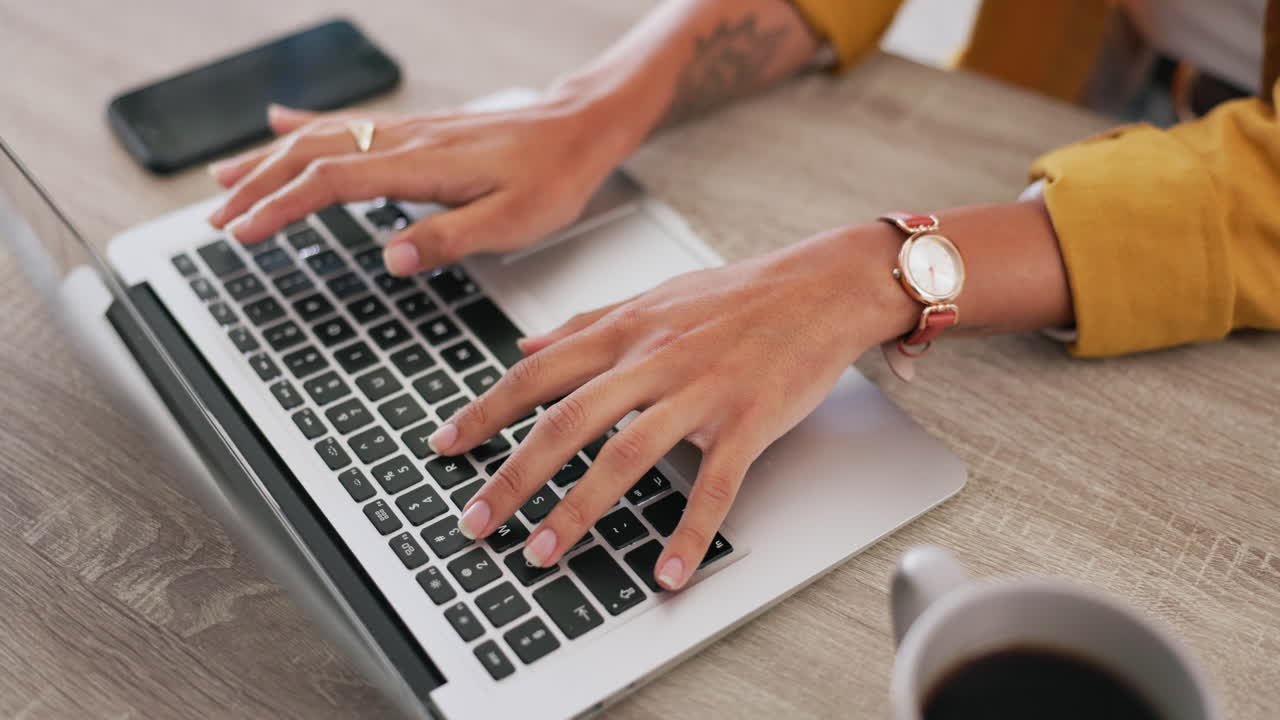 Woman, hands and typing on laptop for research
