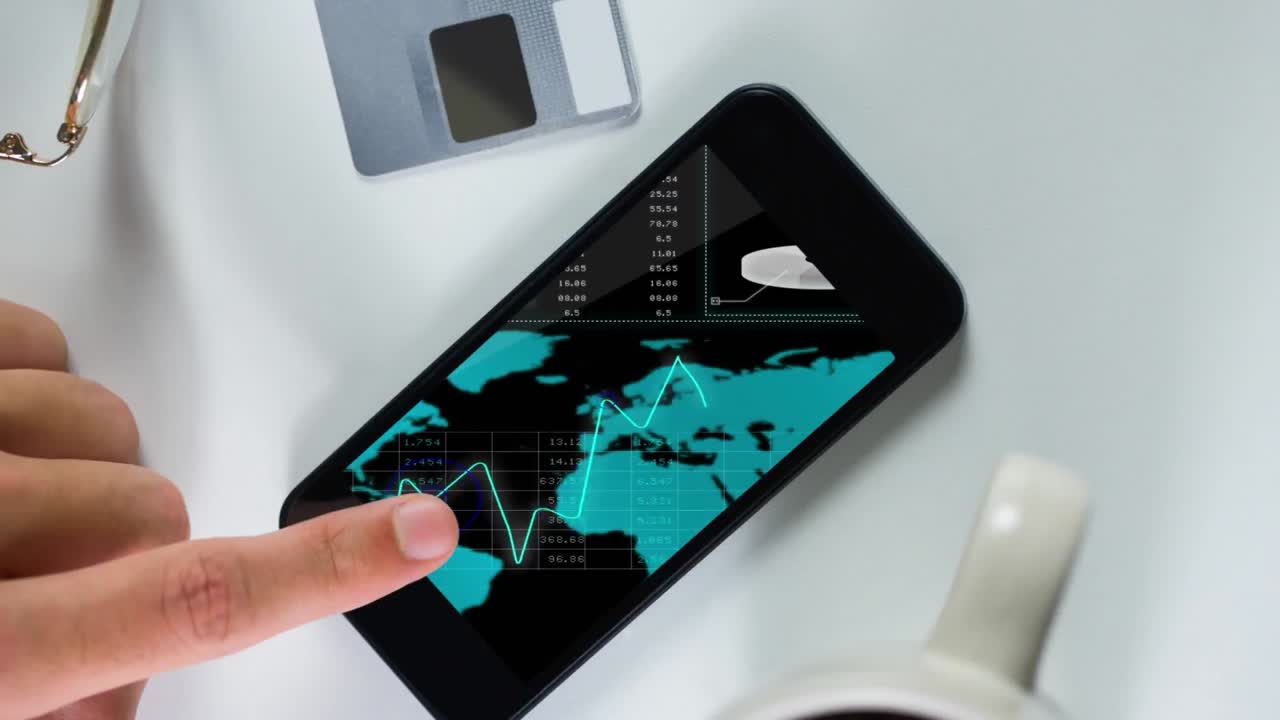 Person using mobile phone with graph and world map 4k