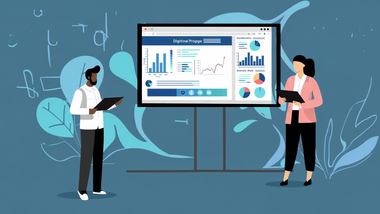 Illustration of two people analyzing data on a large screen. Side angle, flat design style, suitable