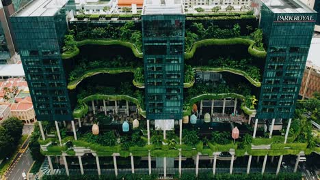 aerial of beautiful hotel with infinity pool. view of the park royal hotel on pickering, china town, singapore
