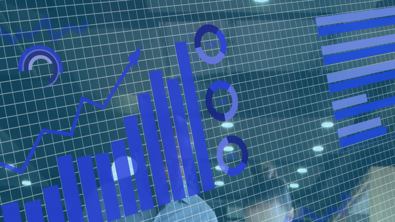 다양한 동료들이 사무실에서 는 동안 논의하는 그래프와 로딩 서클의 애니메이션