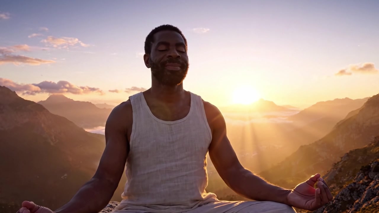 A Serene Journey of Inner Peace: A Man Meditating at Sunrise in the Mountains, Embracing Tranquility and Mindfulness Amidst Nature's Splendor
