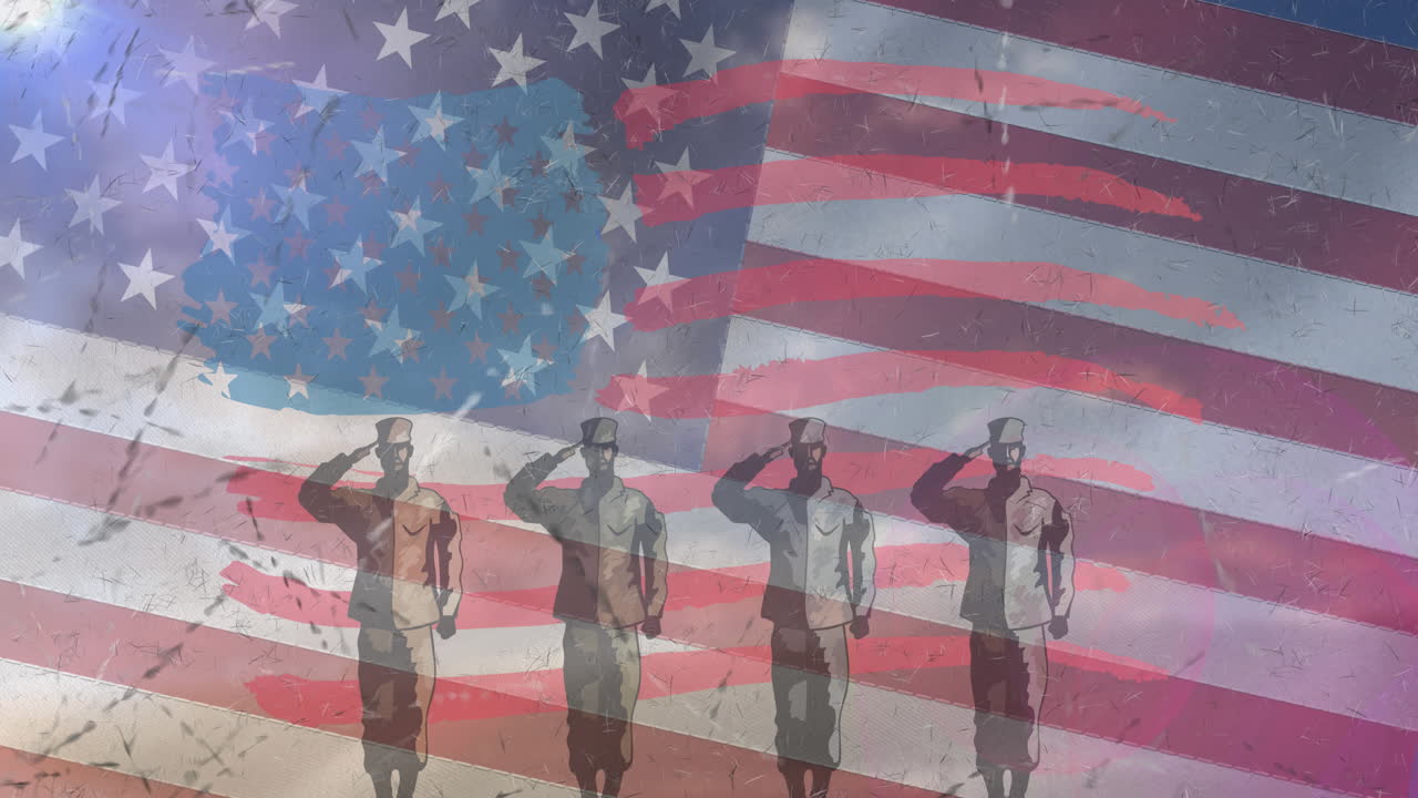 animación de soldados saludando la bandera estadounidense
