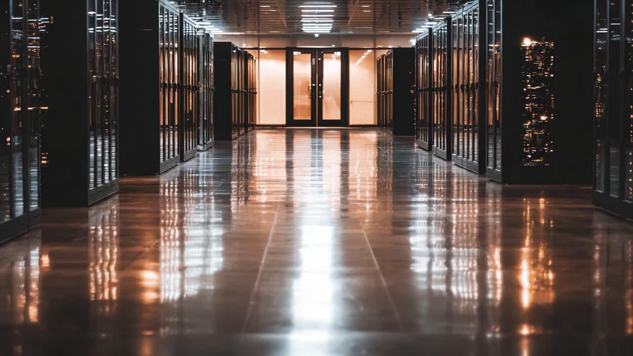 Un Pasillo de Centro de Datos Moderno que Muestra Suelos Reflectantes y Racks de Servidores con Iluminación Suave que Conduce a la Entrada, Enfatizando la Tecnología y la Innovación