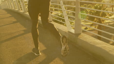 jogging on bridge, person in athletic wear during sunset animation