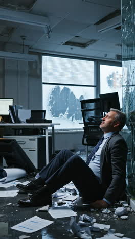 stressed businessman in a destroyed office
