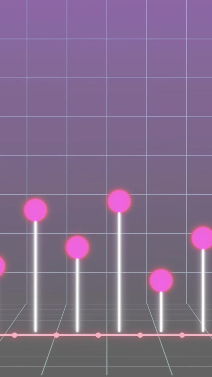 Grafico a barre con punti e linee rosa, animazione di analisi dati su sfondo a griglia
