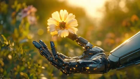 robot hand holding a flower