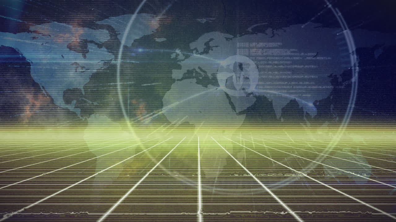 Animation of network of connections over world map on blue and yellow background