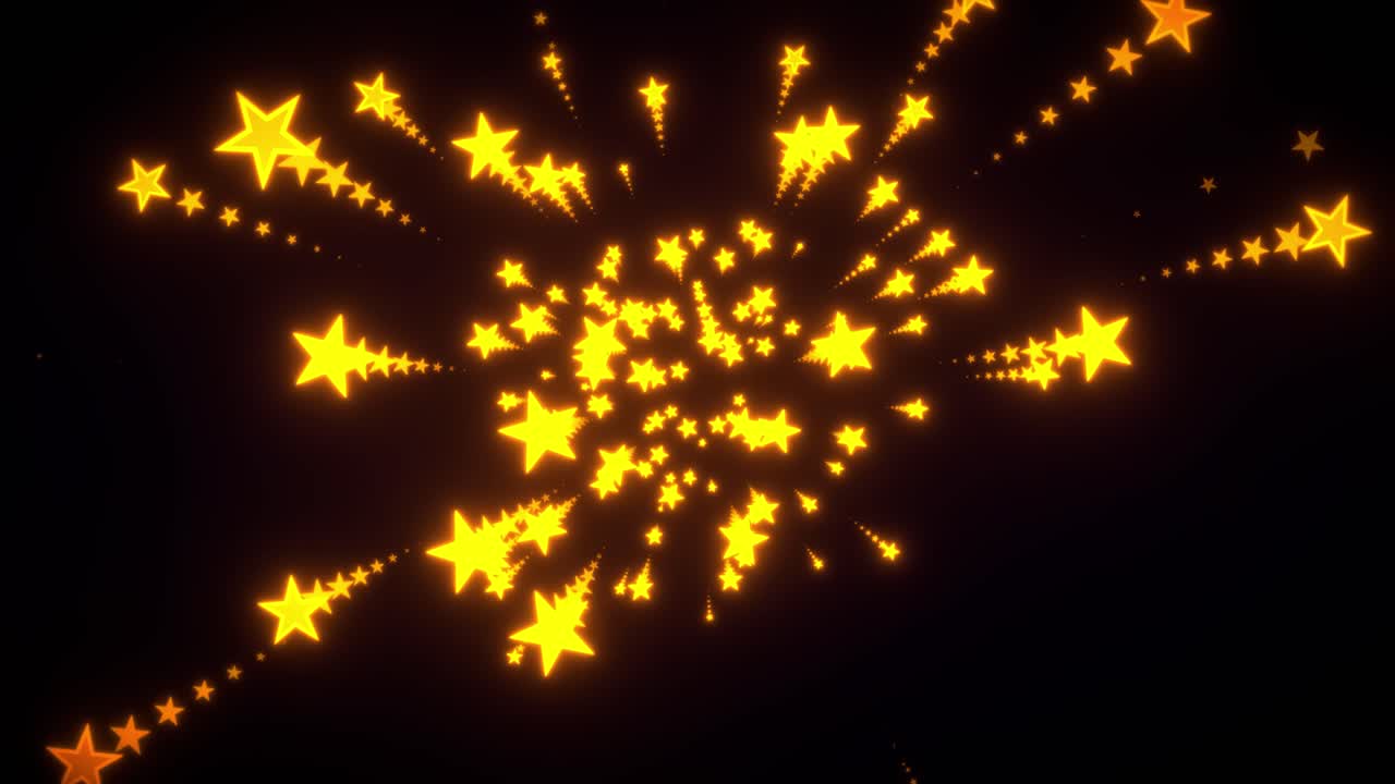 Golden glowing stars fly toward the camera against a black background with high bloom effects