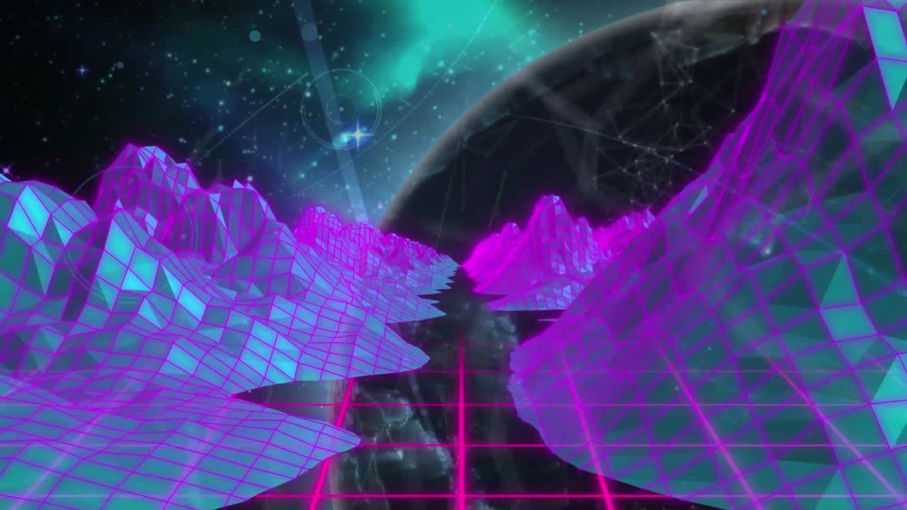 Animation of pink topographical map and grid with turning globe