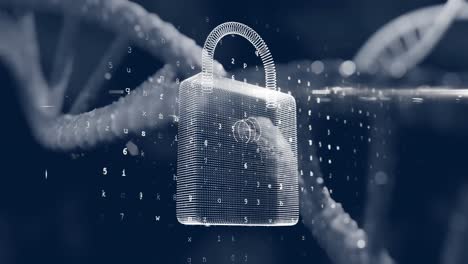 icono de candado de seguridad sobre la estructura de adn girando contra un fondo azul
