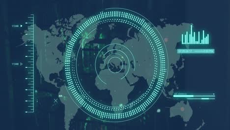 animación de círculos y barras de carga sobre números cambiantes , gráfico y mapa