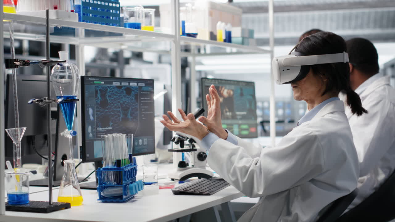 Vertical video Laboratory scientist using virtual reality tech to process DNA patient data