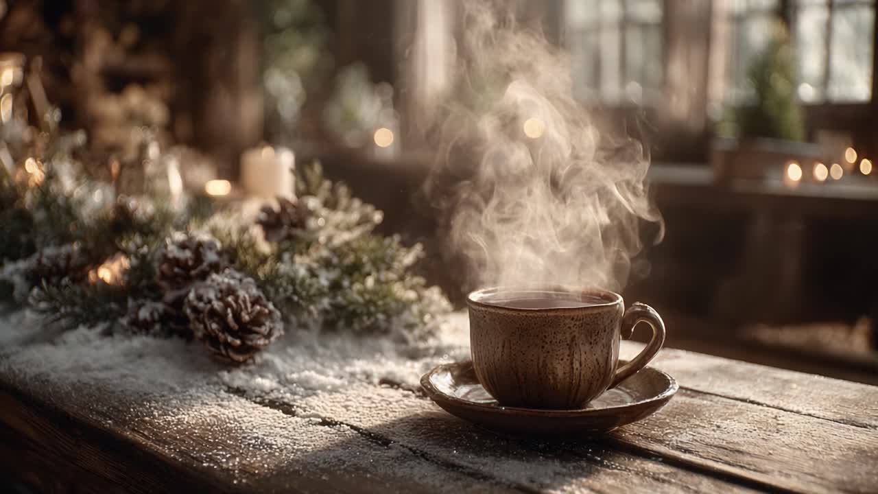 A Warm Cup of Tea Steaming Gently on a Rustic Wooden Table Surrounded by Winter Decorations: Creating a Cozy Atmosphere Perfect for Relaxation