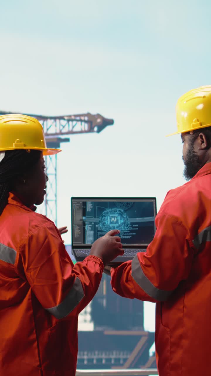 Vertical video Offshore rig technicians using neural network AI LLM chatbot to improve drilling