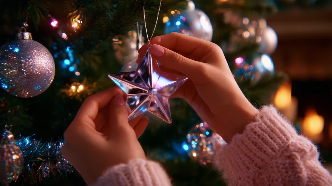 A Festive Scene of Holiday Cheer: Hands Carefully Placing a Sparkling Star Ornament onto a Beautifully Adorned Christmas Tree Surrounded by Twinkling Lights and Shimmering Decorations