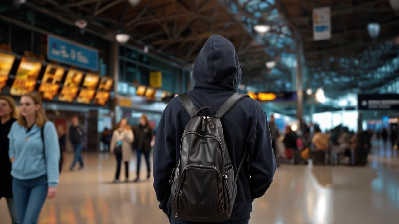 Un individuo misterioso con una felpa con cappuccio in un terminal aeroportuale vuoto, cattura l'atmosfera di attesa e viaggio in un moderno hub di trasporto.